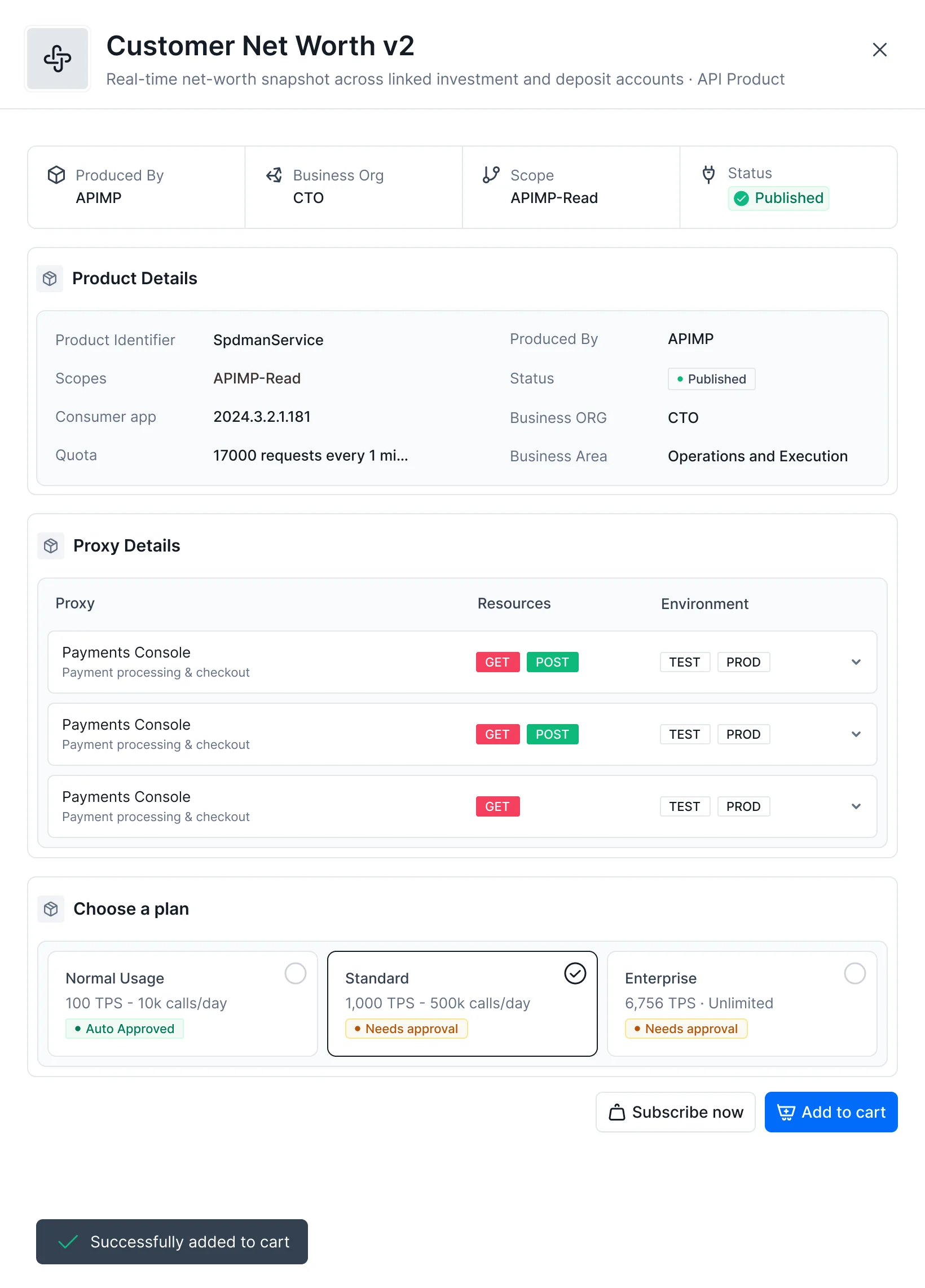 Product detail drawer for Customer Net Worth v2 with owner, scope and status, product details, proxies and three plan options