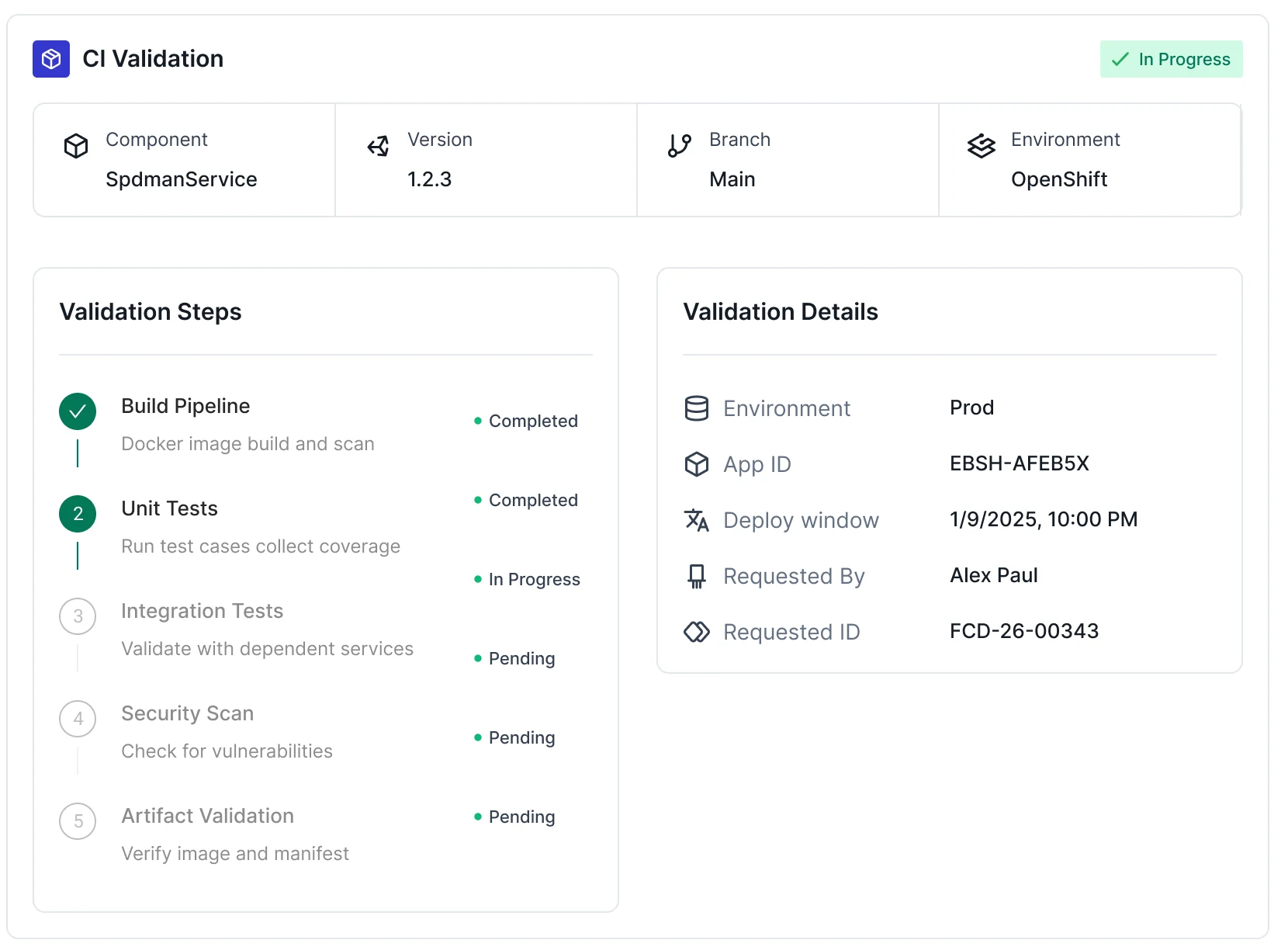CI validation panel with validation steps and their statuses