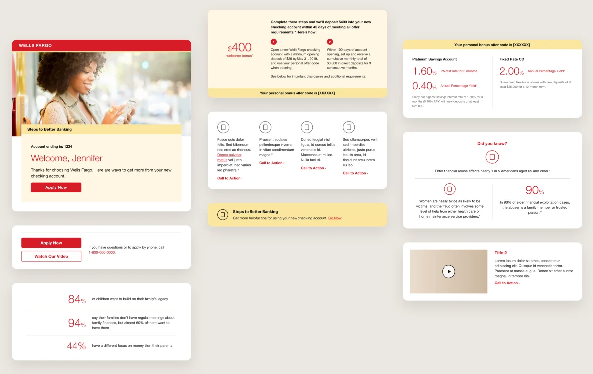 A selection of modules from the library: welcome hero, bonus offer, three-column content, savings rates, stats, CTA buttons, a tip banner and a video block