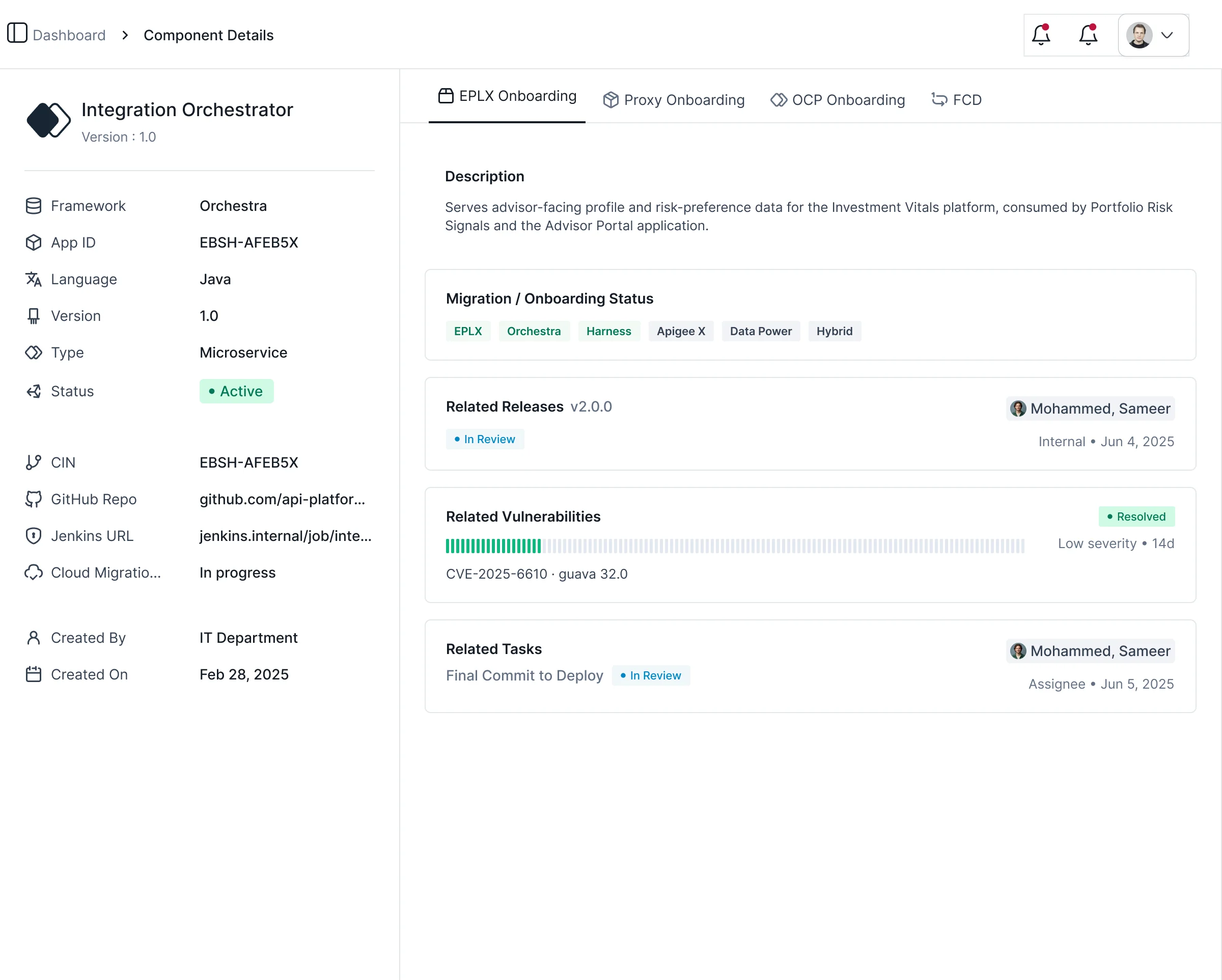 Component detail with metadata, migration status, related releases, vulnerabilities and tasks